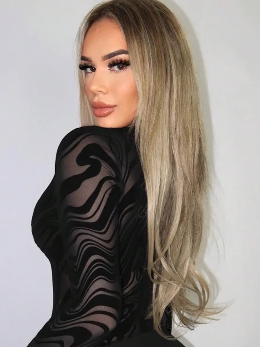 Woman’s Black Sheer Mesh and Suede Swirl High Rise Long Sleeve Bodysuit, Size S